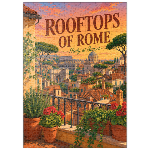 Darstellung des Puzzle Motivs Romantischer Sonnenuntergang auf den Dächern Roms puzzleplate Rome Rooftops Sunset Romance 500 Puzzle