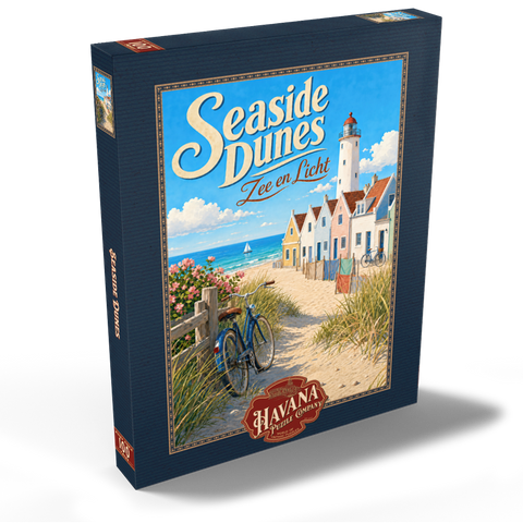 Darstellung des Puzzle Motivs Leuchtturm „Seaside Dunes“ – Küstencharme Seaside Dunes Lighthouse Coastal Charm 100 Puzzle Schachtel Ansicht2