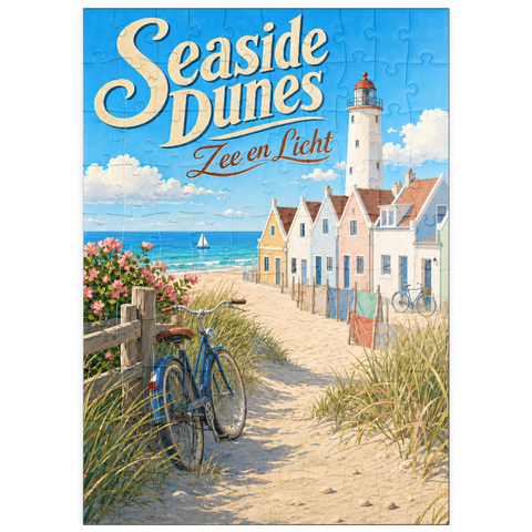 Darstellung des Puzzle Motivs Leuchtturm „Seaside Dunes“ – Küstencharme puzzleplate Seaside Dunes Lighthouse Coastal Charm 100 Puzzle