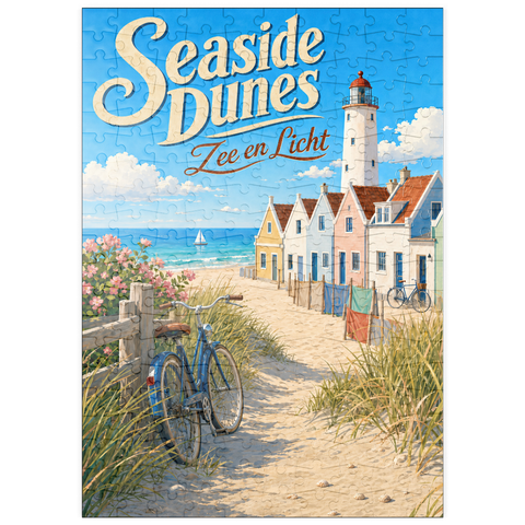 Darstellung des Puzzle Motivs Leuchtturm „Seaside Dunes“ – Küstencharme puzzleplate Seaside Dunes Lighthouse Coastal Charm 200 Puzzle
