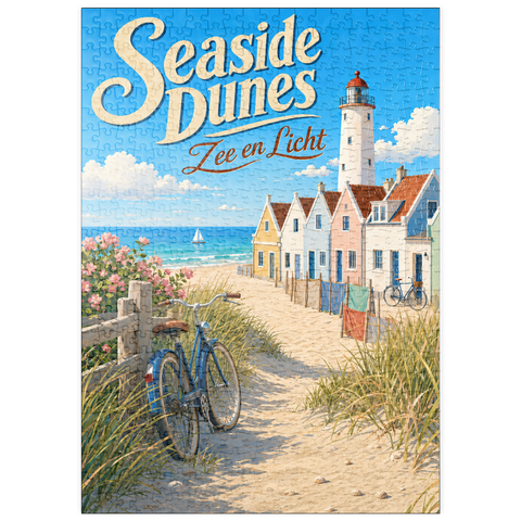 Darstellung des Puzzle Motivs Leuchtturm „Seaside Dunes“ – Küstencharme puzzleplate Seaside Dunes Lighthouse Coastal Charm 500 Puzzle