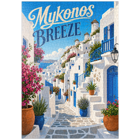 Darstellung des Puzzle Motivs Mykonos: Windmühlen und Küstencharme - Puzzleteile: 1000