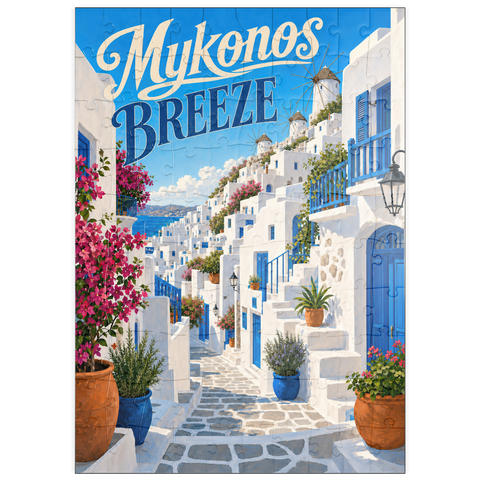Darstellung des Puzzle Motivs Mykonos: Windmühlen und Küstencharme puzzleplate Mykonos Windmills Coastal Charm 100 Puzzle