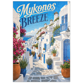 Darstellung des Puzzle Motivs Mykonos: Windmühlen und Küstencharme - Puzzleteile: 100