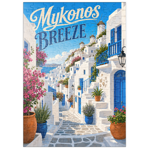 Darstellung des Puzzle Motivs Mykonos: Windmühlen und Küstencharme puzzleplate Mykonos Windmills Coastal Charm 200 Puzzle