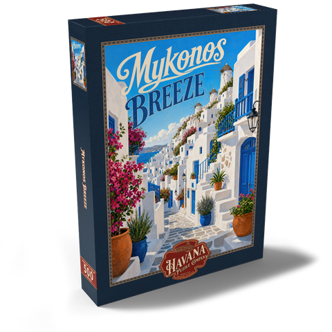 Darstellung des Puzzle Motivs Mykonos: Windmühlen und Küstencharme Mykonos Windmills Coastal Charm 500 Puzzle Schachtel Ansicht2