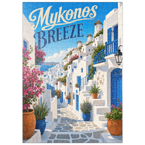 Darstellung des Puzzle Motivs Mykonos: Windmühlen und Küstencharme puzzleplate Mykonos Windmills Coastal Charm 500 Puzzle