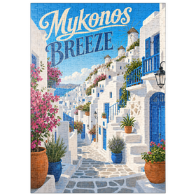 Darstellung des Puzzle Motivs Mykonos: Windmühlen und Küstencharme - Puzzleteile: 500