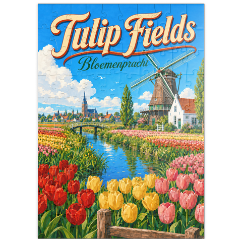 Darstellung des Puzzle Motivs Holländische Tulpenfelder – Frühlingspracht puzzleplate Dutch Tulip Fields Spring Splendor 100 Puzzle