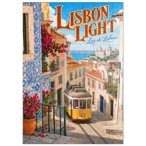 Darstellung des Puzzle Motivs Lissabonner Straßenbahn – Charme der Küste puzzleplate Lisbon Tram Coastal Charm 100 Puzzle
