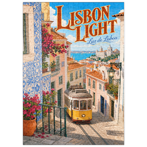 Darstellung des Puzzle Motivs Lissabonner Straßenbahn – Charme der Küste puzzleplate Lisbon Tram Coastal Charm 500 Puzzle