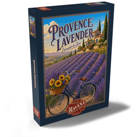 Darstellung des Puzzle Motivs Charm „Lavendel bei Sonnenuntergang in der Provence“ Provence Lavender Sunset Charm 500 Puzzle Schachtel Ansicht2