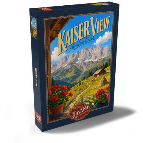 Darstellung des Puzzle Motivs Die Kaisergebirge – die Ruhe der Almwiesen Kaiser Mountains Alpine Meadow Serenity 1000 Puzzle Schachtel Ansicht2