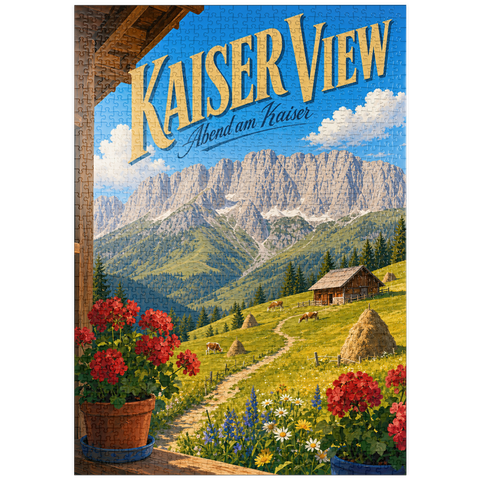 Darstellung des Puzzle Motivs Die Kaisergebirge – die Ruhe der Almwiesen puzzleplate Kaiser Mountains Alpine Meadow Serenity 1000 Puzzle