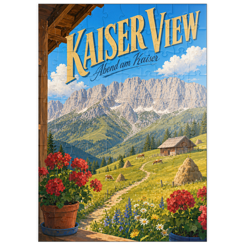 Darstellung des Puzzle Motivs Die Kaisergebirge – die Ruhe der Almwiesen puzzleplate Kaiser Mountains Alpine Meadow Serenity 100 Puzzle
