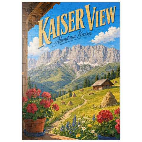 Darstellung des Puzzle Motivs Die Kaisergebirge – die Ruhe der Almwiesen puzzleplate Kaiser Mountains Alpine Meadow Serenity 200 Puzzle
