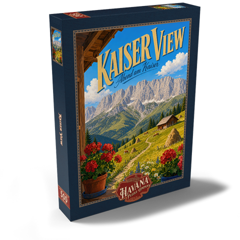 Darstellung des Puzzle Motivs Die Kaisergebirge – die Ruhe der Almwiesen Kaiser Mountains Alpine Meadow Serenity 500 Puzzle Schachtel Ansicht2