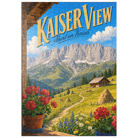 Darstellung des Puzzle Motivs Die Kaisergebirge – die Ruhe der Almwiesen puzzleplate Kaiser Mountains Alpine Meadow Serenity 500 Puzzle