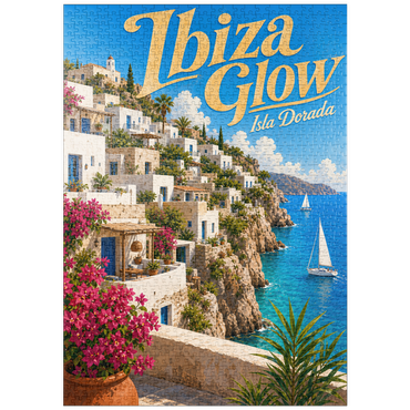 Darstellung des Puzzle Motivs puzzleplate Ibiza Coastal Village Golden Glow 1000 Puzzle
