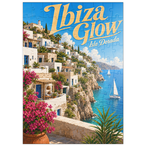 Darstellung des Puzzle Motivs Ibiza Küstendorf Golden Glow puzzleplate Ibiza Coastal Village Golden Glow 100 Puzzle