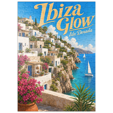 Darstellung des Puzzle Motivs puzzleplate Ibiza Coastal Village Golden Glow 200 Puzzle