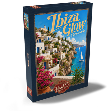 Darstellung des Puzzle Motivs Ibiza Coastal Village Golden Glow 500 Puzzle Schachtel Ansicht2