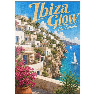 Darstellung des Puzzle Motivs puzzleplate Ibiza Coastal Village Golden Glow 500 Puzzle