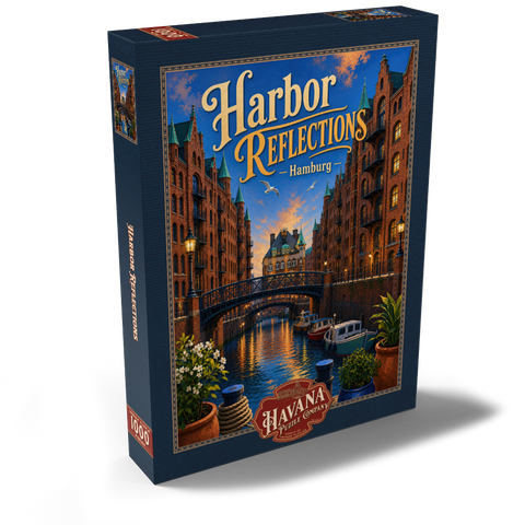 Darstellung des Puzzle Motivs Sonnenuntergang am Hamburger Hafen Hamburg Harbor Sunset Reflections 1000 Puzzle Schachtel Ansicht2