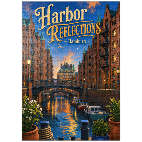 Darstellung des Puzzle Motivs Sonnenuntergang am Hamburger Hafen puzzleplate Hamburg Harbor Sunset Reflections 1000 Puzzle