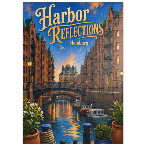 Darstellung des Puzzle Motivs Sonnenuntergang am Hamburger Hafen puzzleplate Hamburg Harbor Sunset Reflections 100 Puzzle