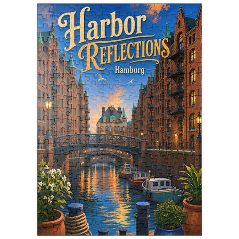 Darstellung des Puzzle Motivs Sonnenuntergang am Hamburger Hafen puzzleplate Hamburg Harbor Sunset Reflections 200 Puzzle