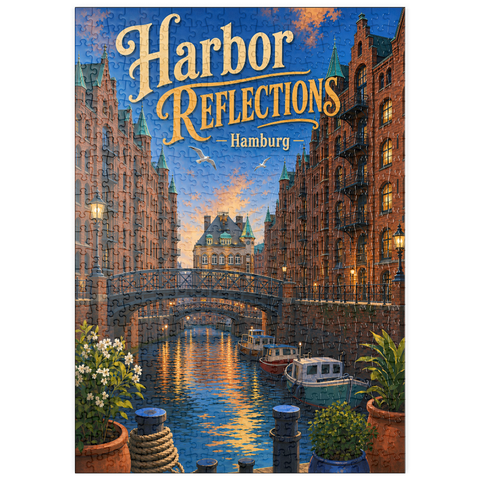 Darstellung des Puzzle Motivs Sonnenuntergang am Hamburger Hafen puzzleplate Hamburg Harbor Sunset Reflections 500 Puzzle