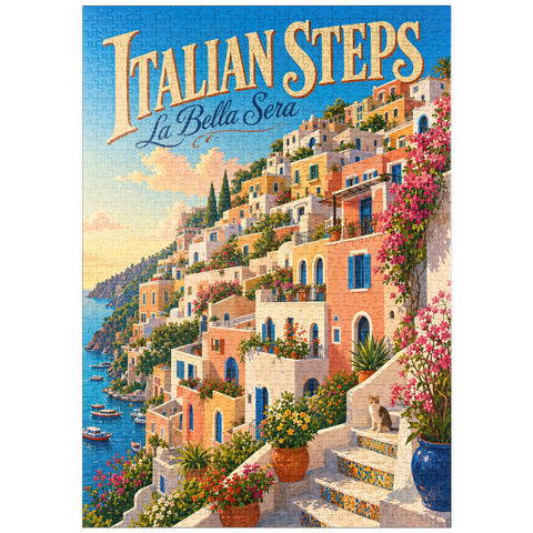 Darstellung des Puzzle Motivs Der Charme des Sonnenuntergangs an der italienischen Küste puzzleplate Italian Steps Coastal Sunset Charm 1000 Puzzle