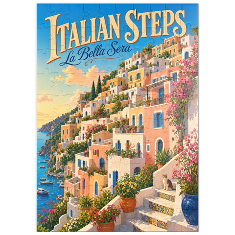 Darstellung des Puzzle Motivs Der Charme des Sonnenuntergangs an der italienischen Küste puzzleplate Italian Steps Coastal Sunset Charm 100 Puzzle