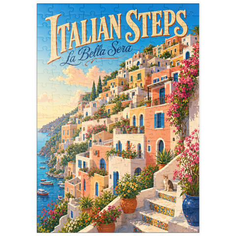 Darstellung des Puzzle Motivs Der Charme des Sonnenuntergangs an der italienischen Küste puzzleplate Italian Steps Coastal Sunset Charm 200 Puzzle