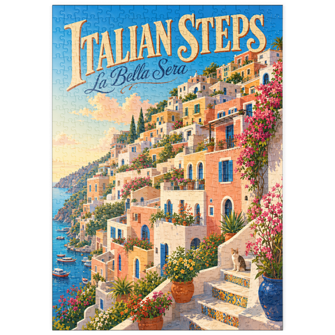Darstellung des Puzzle Motivs Der Charme des Sonnenuntergangs an der italienischen Küste puzzleplate Italian Steps Coastal Sunset Charm 500 Puzzle