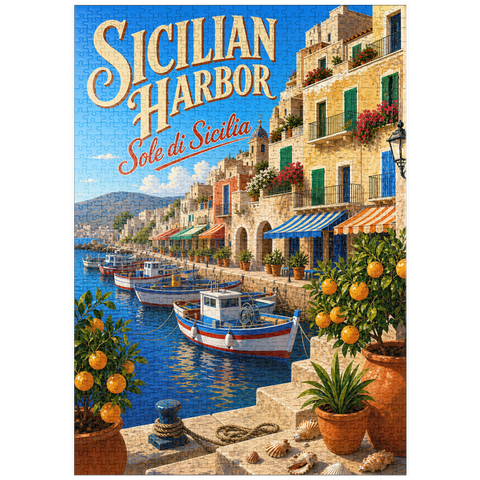 Darstellung des Puzzle Motivs Der Charme der sizilianischen Küstenhäfen puzzleplate Sicilian Harbor Coastal Charm 1000 Puzzle