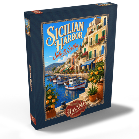 Darstellung des Puzzle Motivs Der Charme der sizilianischen Küstenhäfen Sicilian Harbor Coastal Charm 100 Puzzle Schachtel Ansicht2