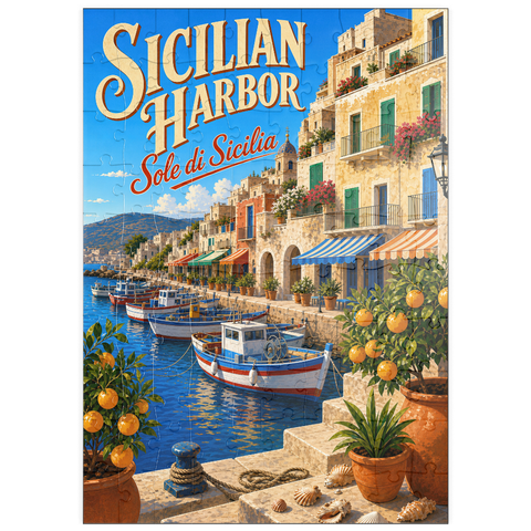 Darstellung des Puzzle Motivs Der Charme der sizilianischen Küstenhäfen puzzleplate Sicilian Harbor Coastal Charm 100 Puzzle