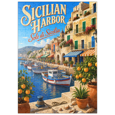 Darstellung des Puzzle Motivs Der Charme der sizilianischen Küstenhäfen puzzleplate Sicilian Harbor Coastal Charm 200 Puzzle