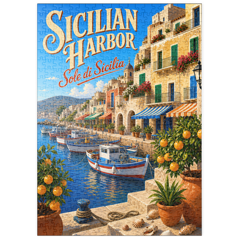 Darstellung des Puzzle Motivs Der Charme der sizilianischen Küstenhäfen puzzleplate Sicilian Harbor Coastal Charm 500 Puzzle