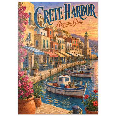 Darstellung des Puzzle Motivs Hafen von Kreta – Abendrot über der Ägäis puzzleplate Crete Harbor Aegean Sunset Glow 200 Puzzle