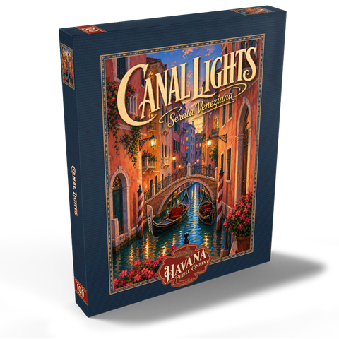 Darstellung des Puzzle Motivs Romantik am Abend auf den Kanälen von Venedig Venice Canal Evening Romance 100 Puzzle Schachtel Ansicht2