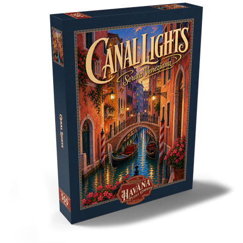 Darstellung des Puzzle Motivs Romantik am Abend auf den Kanälen von Venedig Venice Canal Evening Romance 500 Puzzle Schachtel Ansicht2