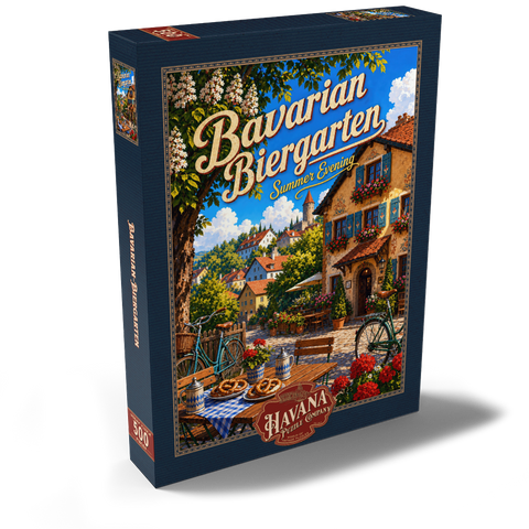 Darstellung des Puzzle Motivs Der Charme eines bayerischen Biergartens am Sommerabend Bavarian Biergarten Summer Evening Charm 500 Puzzle Schachtel Ansicht2