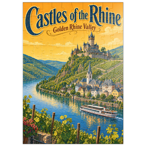 Darstellung des Puzzle Motivs Die Burgen des Rheintals – Goldene Pracht puzzleplate Rhine Valley Castles Golden Splendor 100 Puzzle