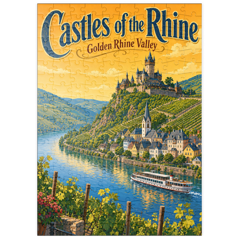 Darstellung des Puzzle Motivs Die Burgen des Rheintals – Goldene Pracht puzzleplate Rhine Valley Castles Golden Splendor 200 Puzzle