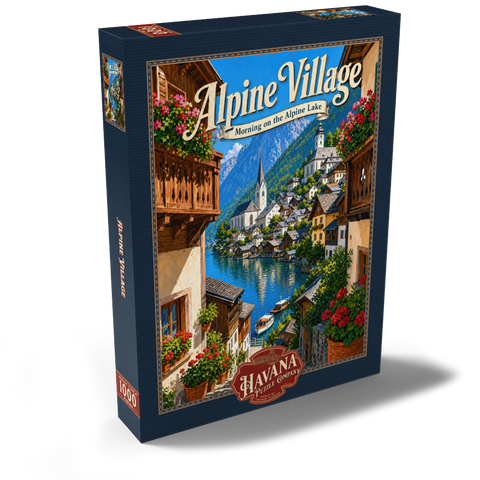 Darstellung des Puzzle Motivs Alpendorf am See – Morgenstimmung Alpine Village Lake Morning Charm 1000 Puzzle Schachtel Ansicht2