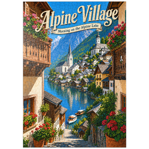 Darstellung des Puzzle Motivs Alpendorf am See – Morgenstimmung puzzleplate Alpine Village Lake Morning Charm 1000 Puzzle