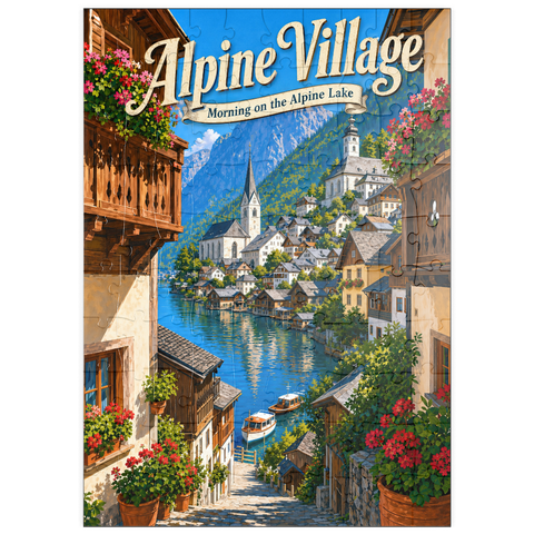 Darstellung des Puzzle Motivs Alpendorf am See – Morgenstimmung puzzleplate Alpine Village Lake Morning Charm 100 Puzzle